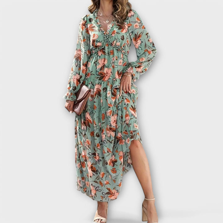 Phoebe | Floral Pleated Maxi Dress with V Neckline