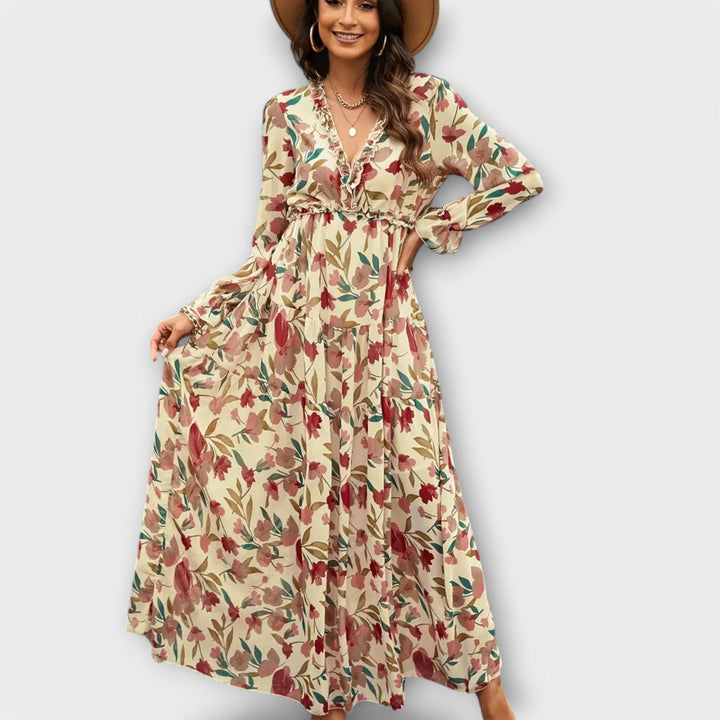 Phoebe | Floral Pleated Maxi Dress with V Neckline