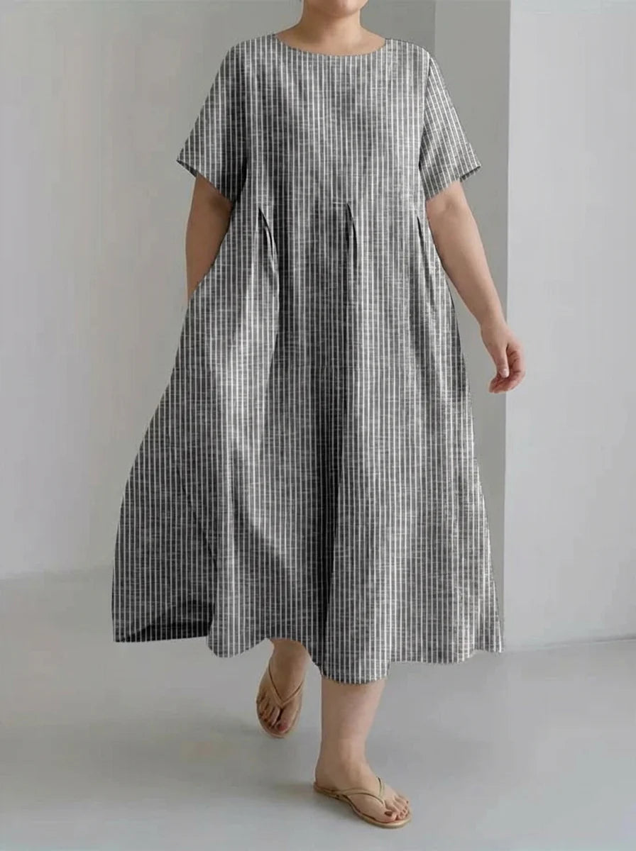 Jolie | Retro Stripe Print Loose Midi Dress with Round Neckline