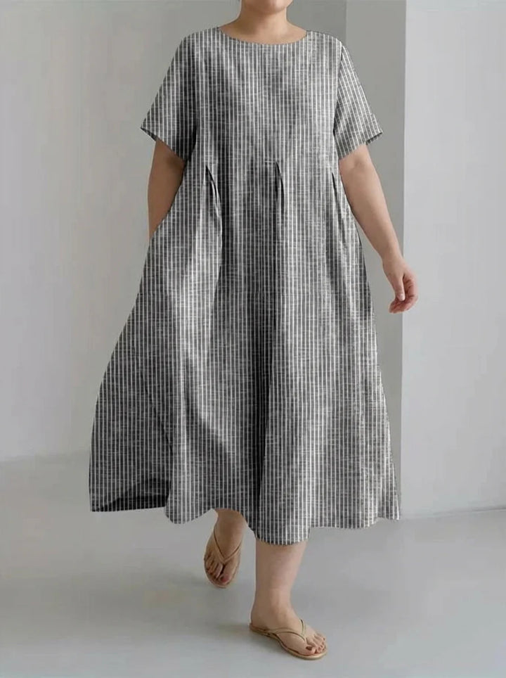 Jolie | Retro Stripe Print Loose Midi Dress with Round Neckline