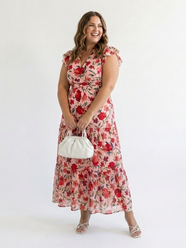 Seraphine | Tiered Floral Midi Dress with V Neckline