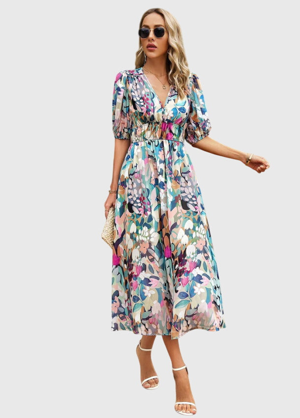 Marlene | Floral Print Midi Dress with Smocked Waist & Flowy Skirt