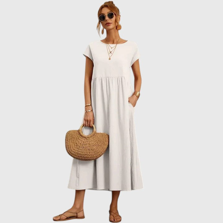 Fenna | Relaxed Midi Dress with Round Neckline & Side Pockets