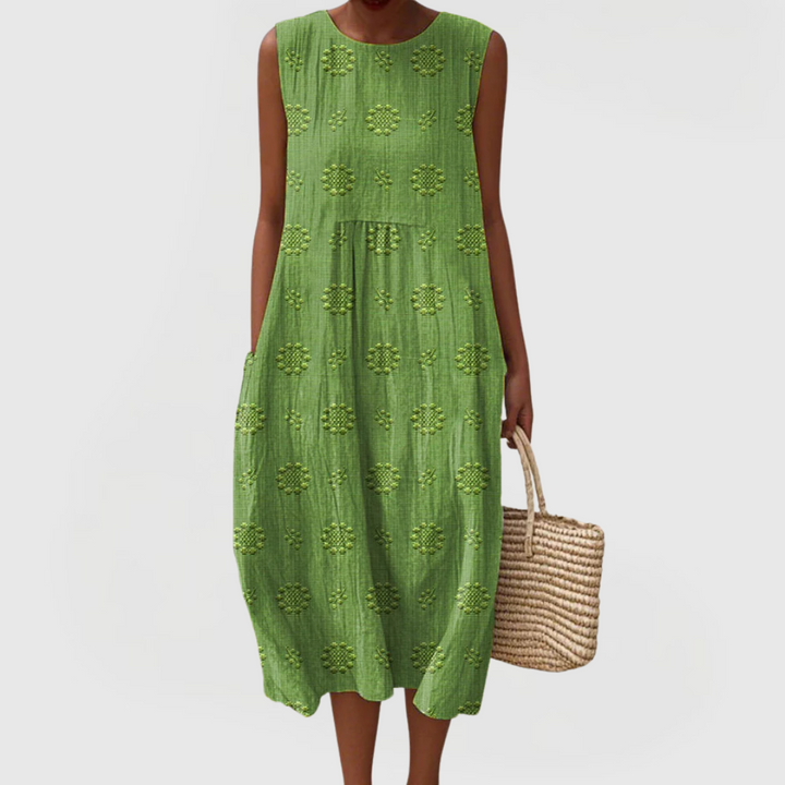 Valentina | Sleeveless Embroidered Midi Dress with Pockets & Gathered Waist