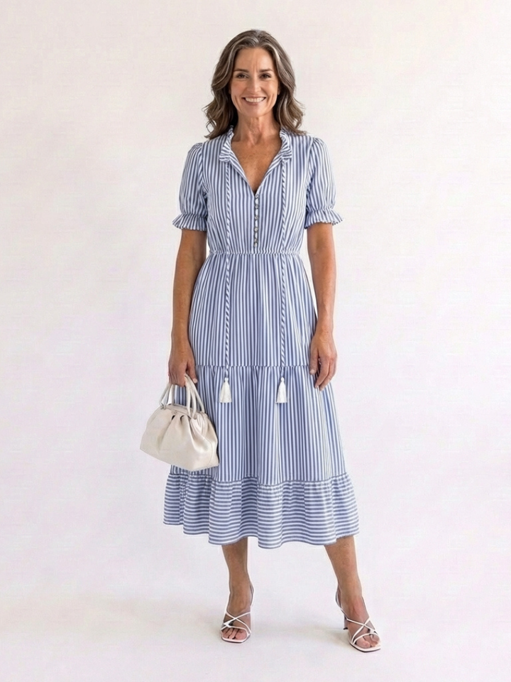 Vera | Striped Tiered Midi Dress with Short Sleeves