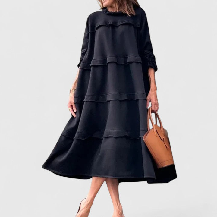 Brianne | Layered Ruffle Midi Dress with High Neckline & Long Sleeves