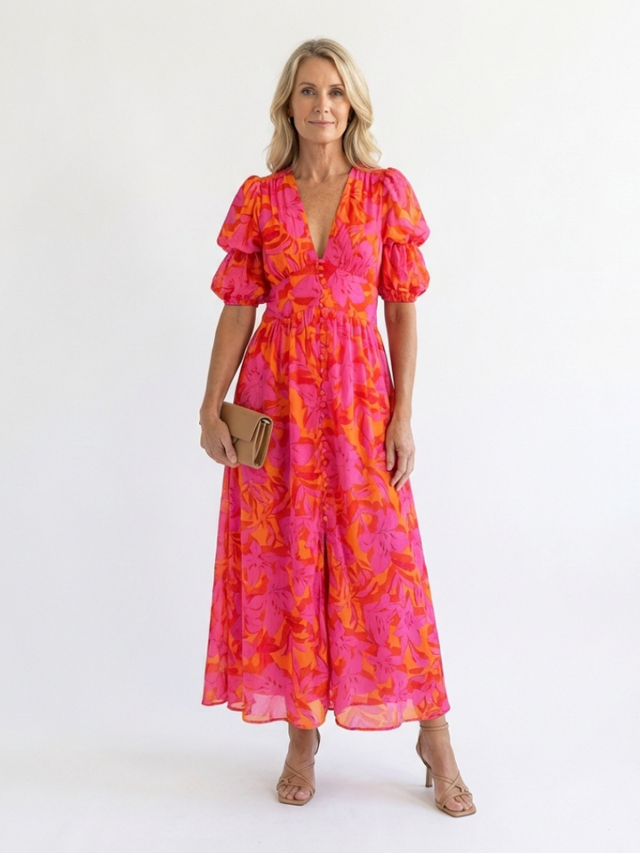 Lena | Floral Midi Dress with Puff Sleeves & V Neckline