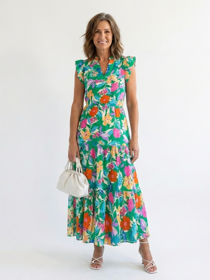 Seraphine | Tiered Floral Midi Dress with V Neckline
