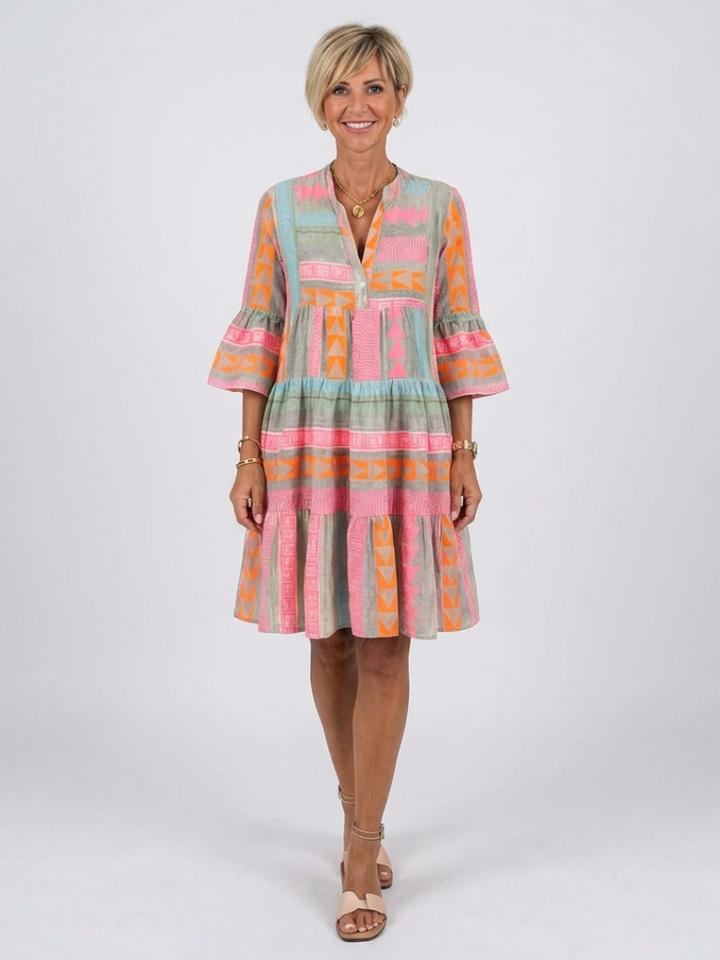 Zia | Tiered Knee Length Dress in Geometric Print with V Neckline