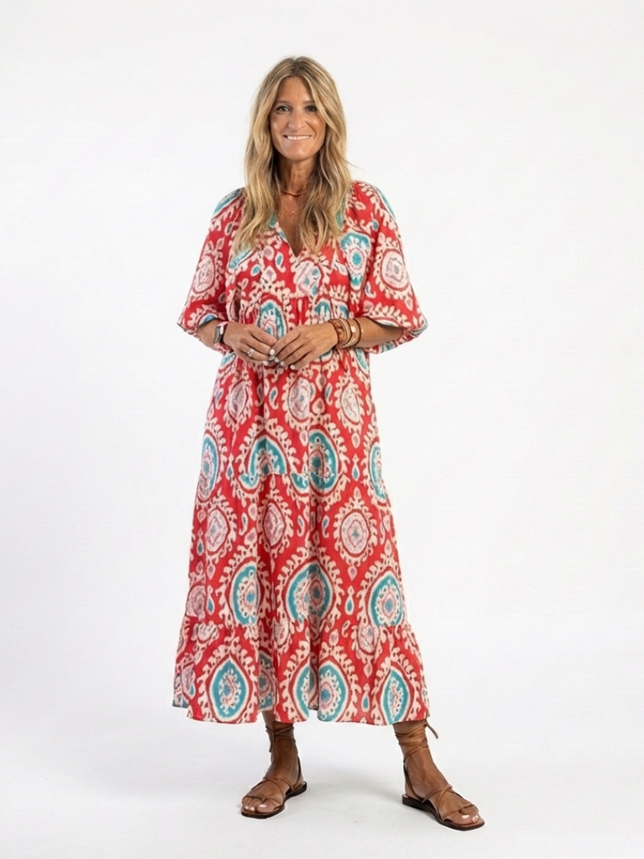 Nadine | Paisley Print Midi Dress with V Neckline & Short Sleeves