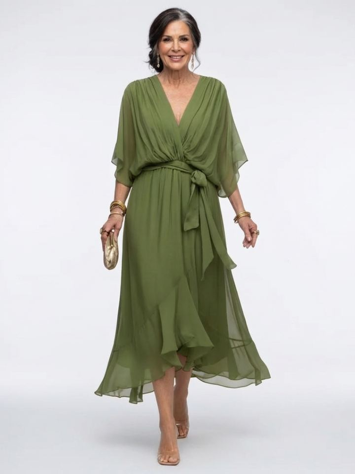 Camille | Draped Midi Dress with V Neckline & Waist Tie