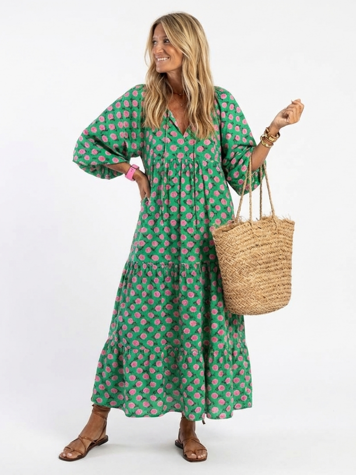 Celeste | Tiered Floral Midi Dress with V Neckline