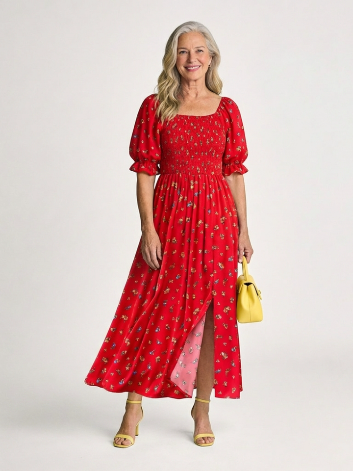 Tessa | Floral Puff Sleeve Midi Dress with Square Neckline