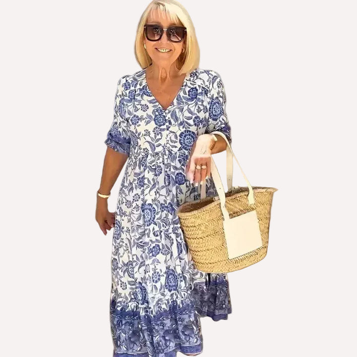 Fiona | Floral Print Flowing Midi Dress with Elastic Waist