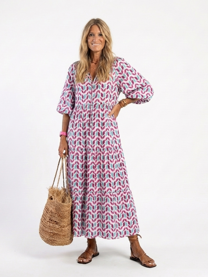 Ingrid | Tiered Midi Dress in Geometric Print with Long Sleeves