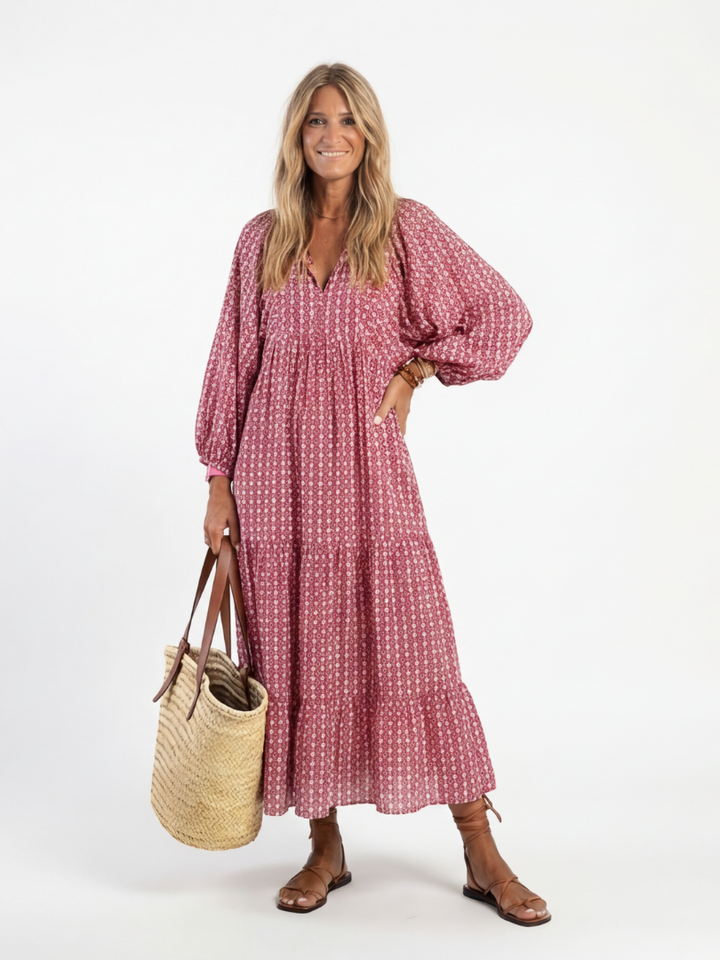 Simone | Geometric Print Midi Dress with Long Sleeves