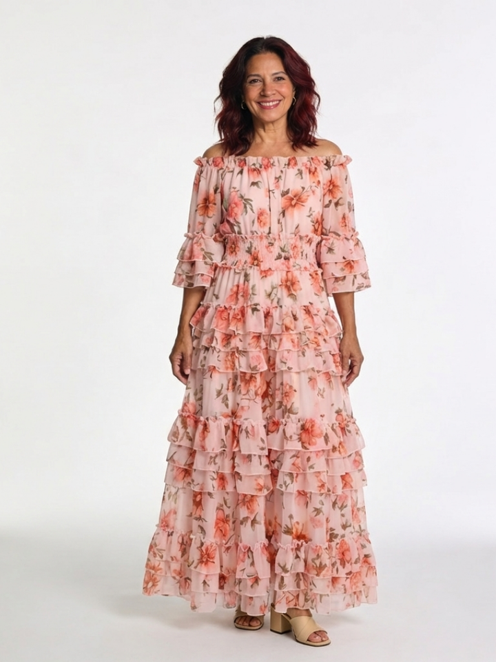 Solène | Floral Maxi Dress with Off Shoulder Ruffle & Tiered Hem
