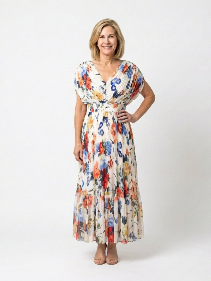 Adele | Pleated Floral Midi Dress with Short Sleeves