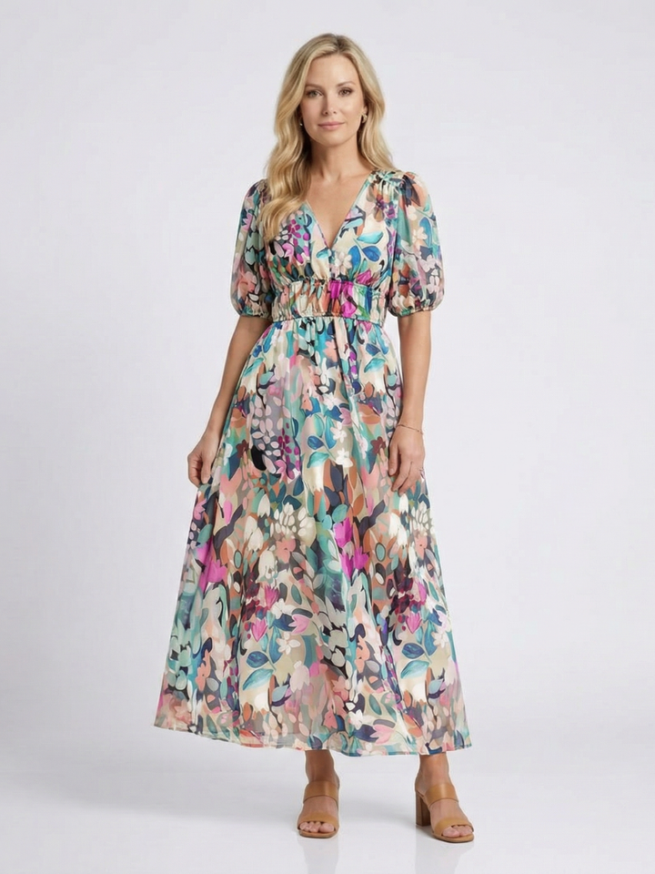 Mila | Gathered Waist Midi Dress with V Neckline & Short Sleeves