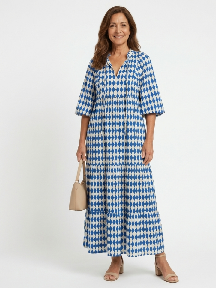 Vivienne | Tiered Midi Dress in Diamond Print