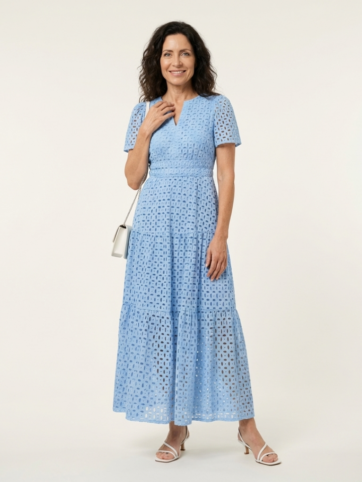 Petra | Tiered Midi Dress with V Neckline & Short Sleeves