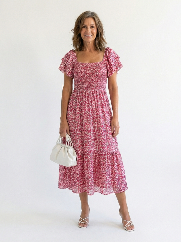 Fleur | Floral Smocked Midi Dress with Off Shoulder Neckline