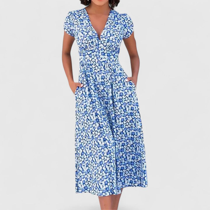 Rosa | Heart Neckline Midi Dress with Flowy Flared Skirt