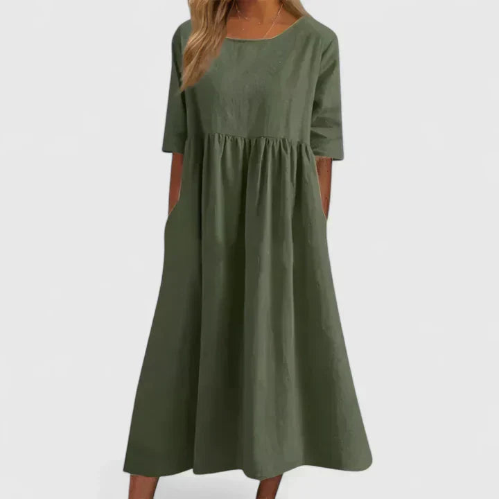 Tavia | A-Line Midi Dress with Light Sleeves & Discreet Pockets