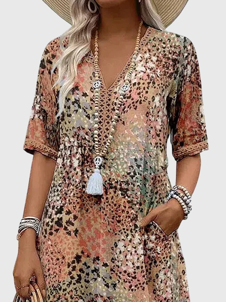Yvonne | Floral Print Midi Dress with Flowing Silhouette & Belly Coverage