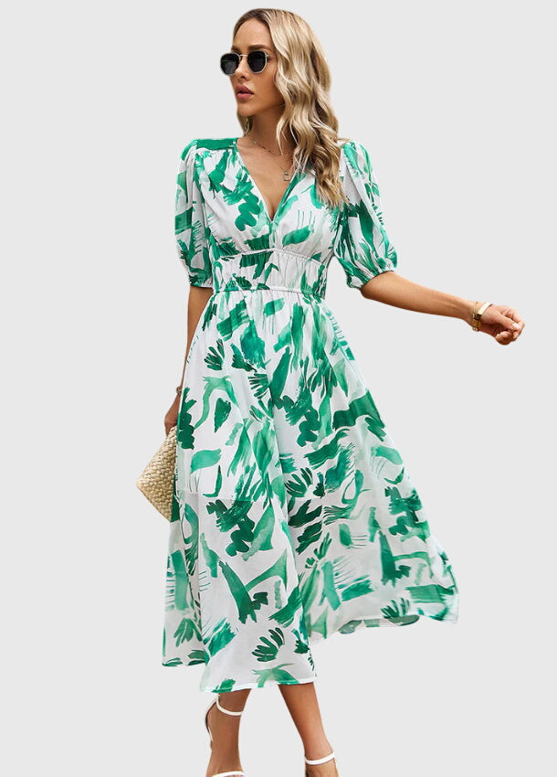 Marlene | Floral Print Midi Dress with Smocked Waist & Flowy Skirt