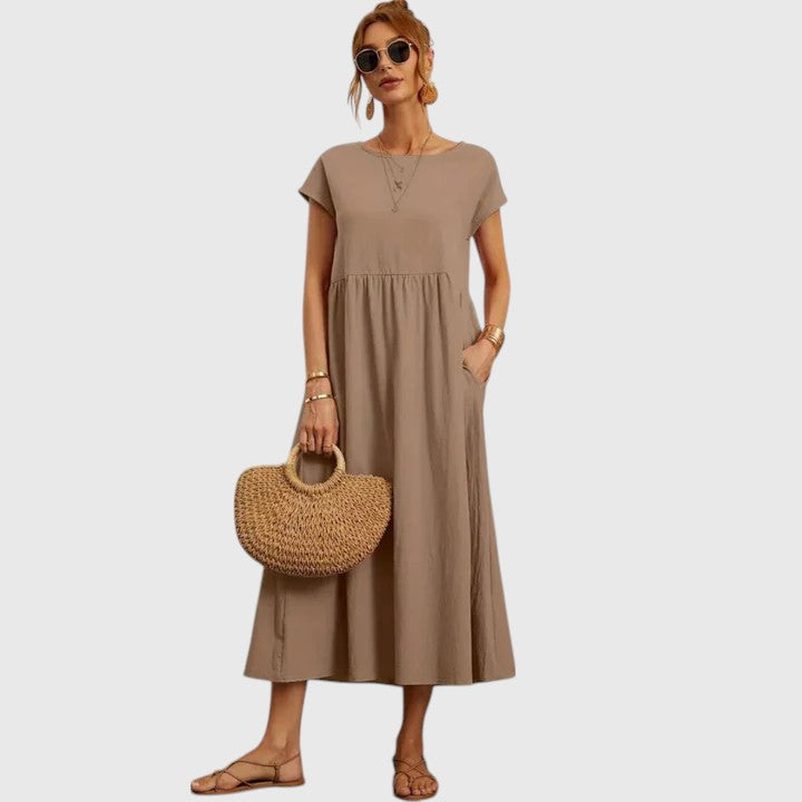 Fenna | Relaxed Midi Dress with Round Neckline & Side Pockets