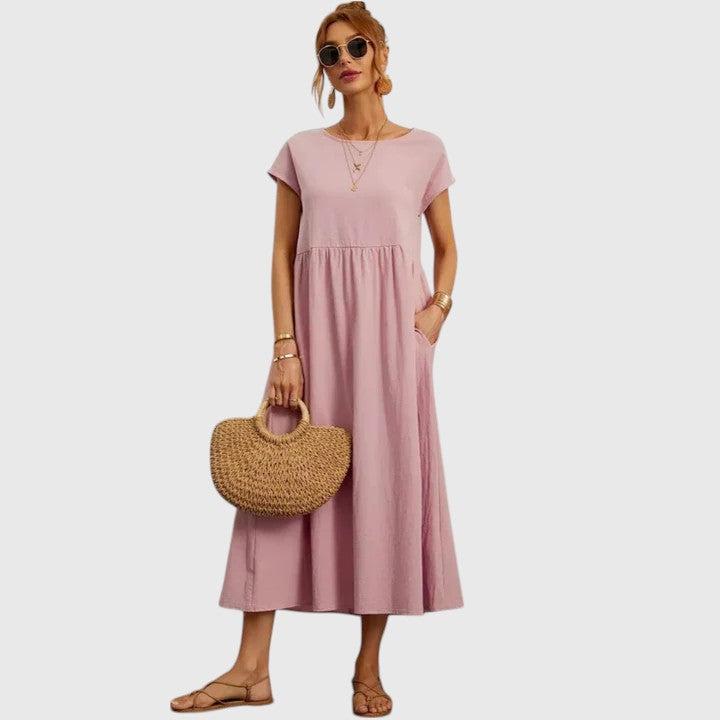 Fenna | Relaxed Midi Dress with Round Neckline & Side Pockets