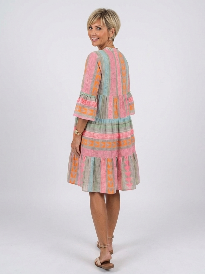 Zia | Tiered Knee Length Dress in Geometric Print with V Neckline