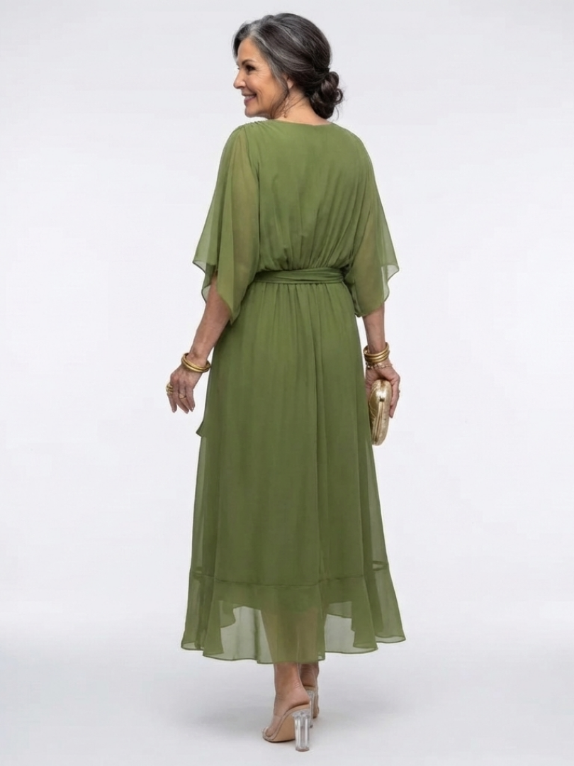 Camille | Draped Midi Dress with V Neckline & Waist Tie