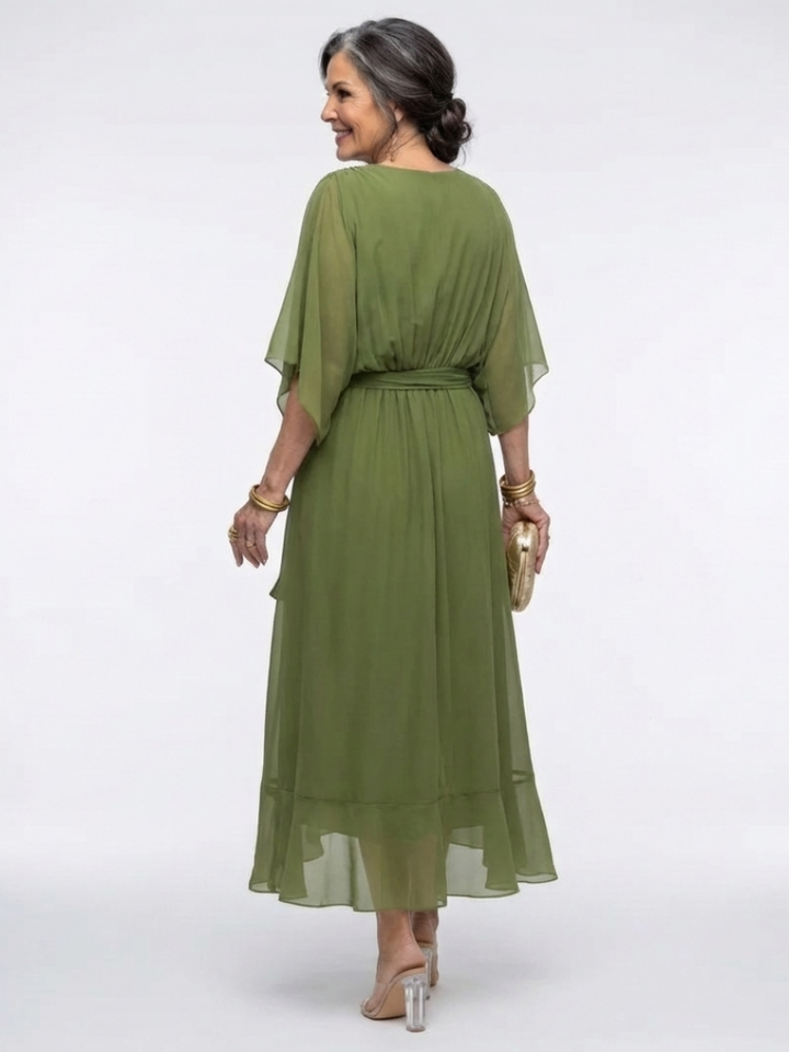 Camille | Draped Midi Dress with V Neckline & Waist Tie