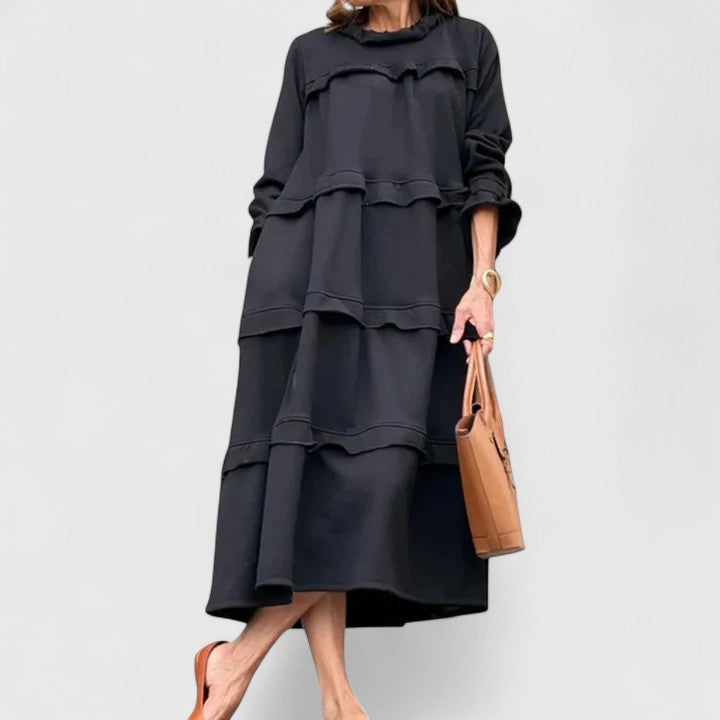 Brianne | Layered Ruffle Midi Dress with High Neckline & Long Sleeves