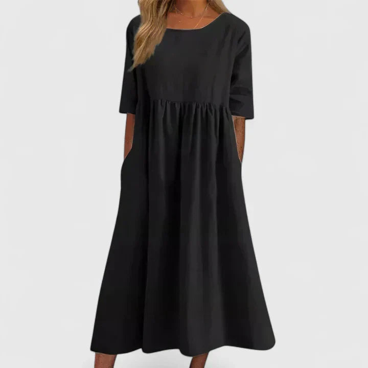 Tavia | A-Line Midi Dress with Light Sleeves & Discreet Pockets