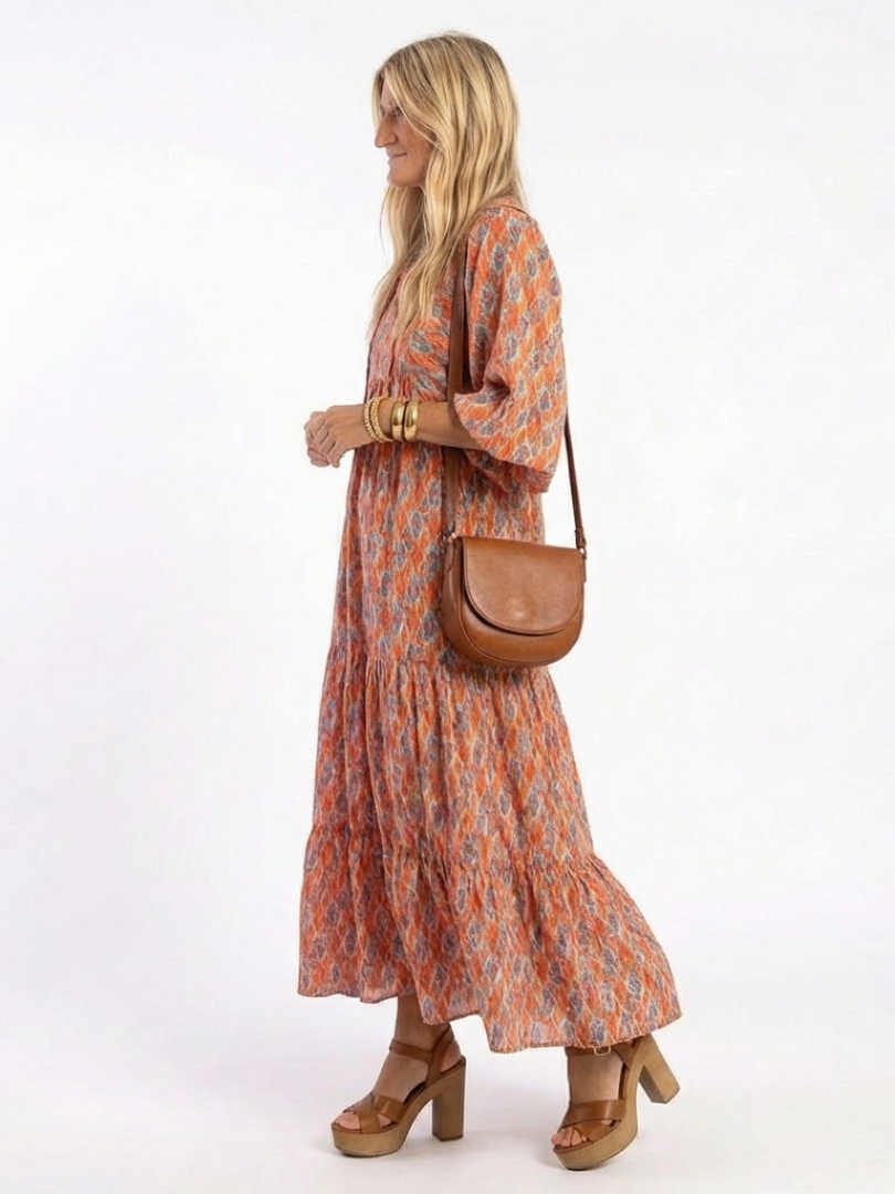 Lisette | Tiered Midi Dress in Geometric Print with V Neckline