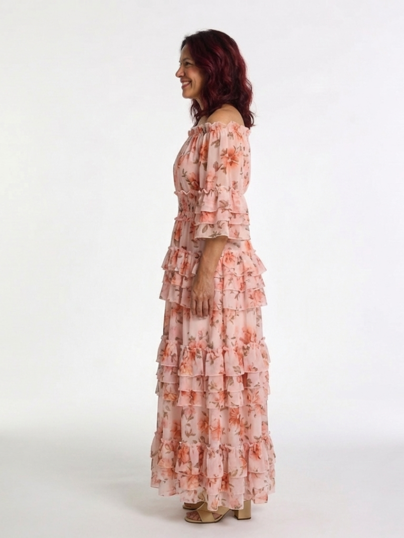 Solène | Floral Maxi Dress with Off Shoulder Ruffle & Tiered Hem