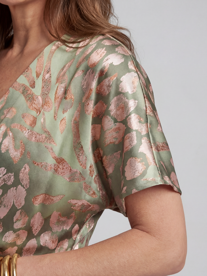 Elise | Abstract Print Midi Dress with Twist Waist & V Neckline