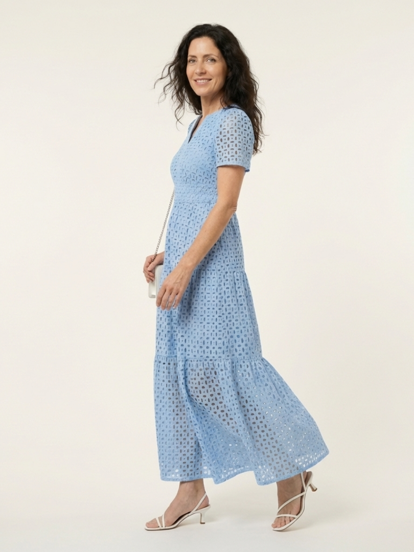 Petra | Tiered Midi Dress with V Neckline & Short Sleeves