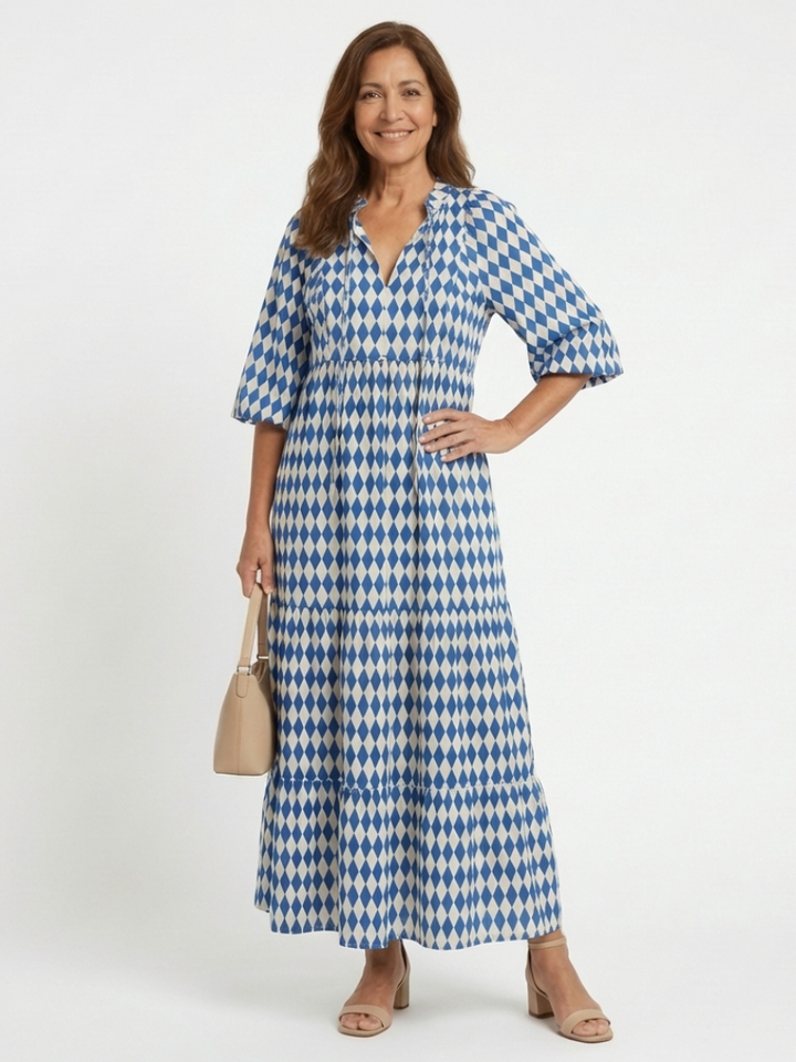 Vivienne | Tiered Midi Dress in Diamond Print