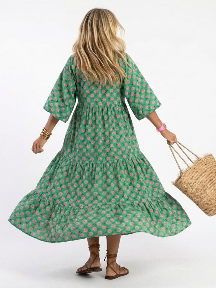 Celeste | Tiered Floral Midi Dress with V Neckline