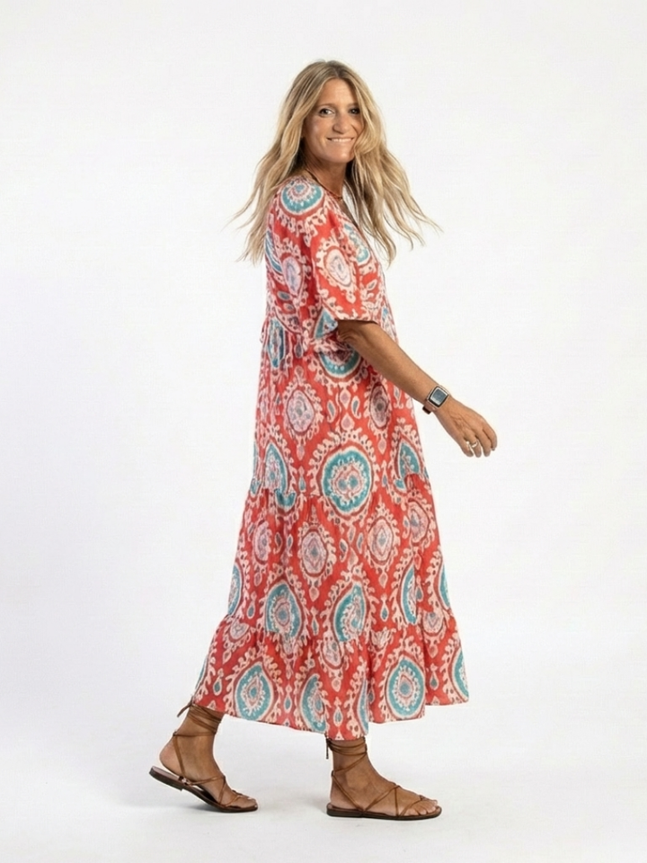 Nadine | Paisley Print Midi Dress with V Neckline & Short Sleeves