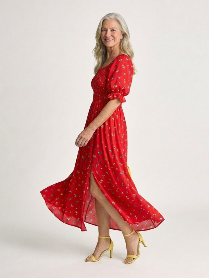 Tessa | Floral Puff Sleeve Midi Dress with Square Neckline