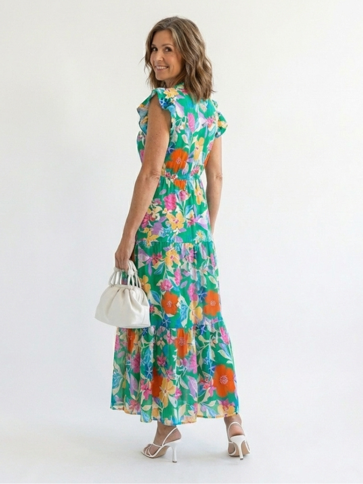Seraphine | Tiered Floral Midi Dress with V Neckline