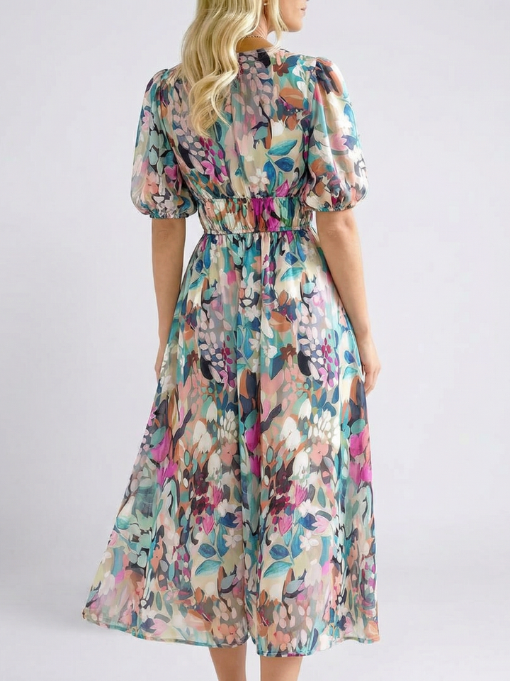 Mila | Gathered Waist Midi Dress with V Neckline & Short Sleeves