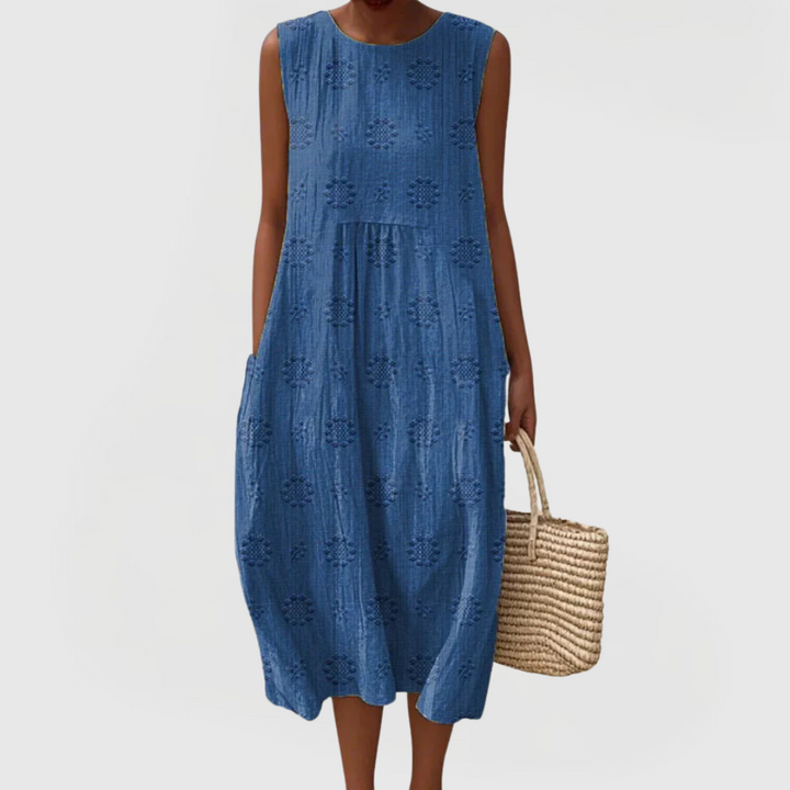 Valentina | Sleeveless Embroidered Midi Dress with Pockets & Gathered Waist