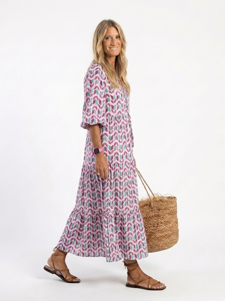 Ingrid | Tiered Midi Dress in Geometric Print with Long Sleeves