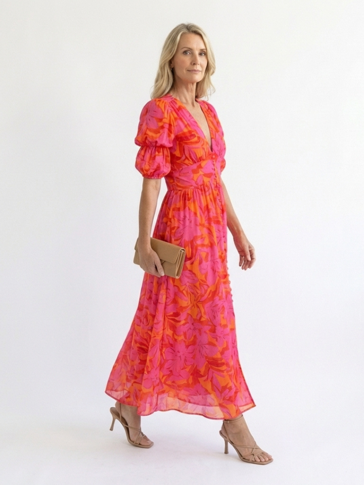 Lena | Floral Midi Dress with Puff Sleeves & V Neckline